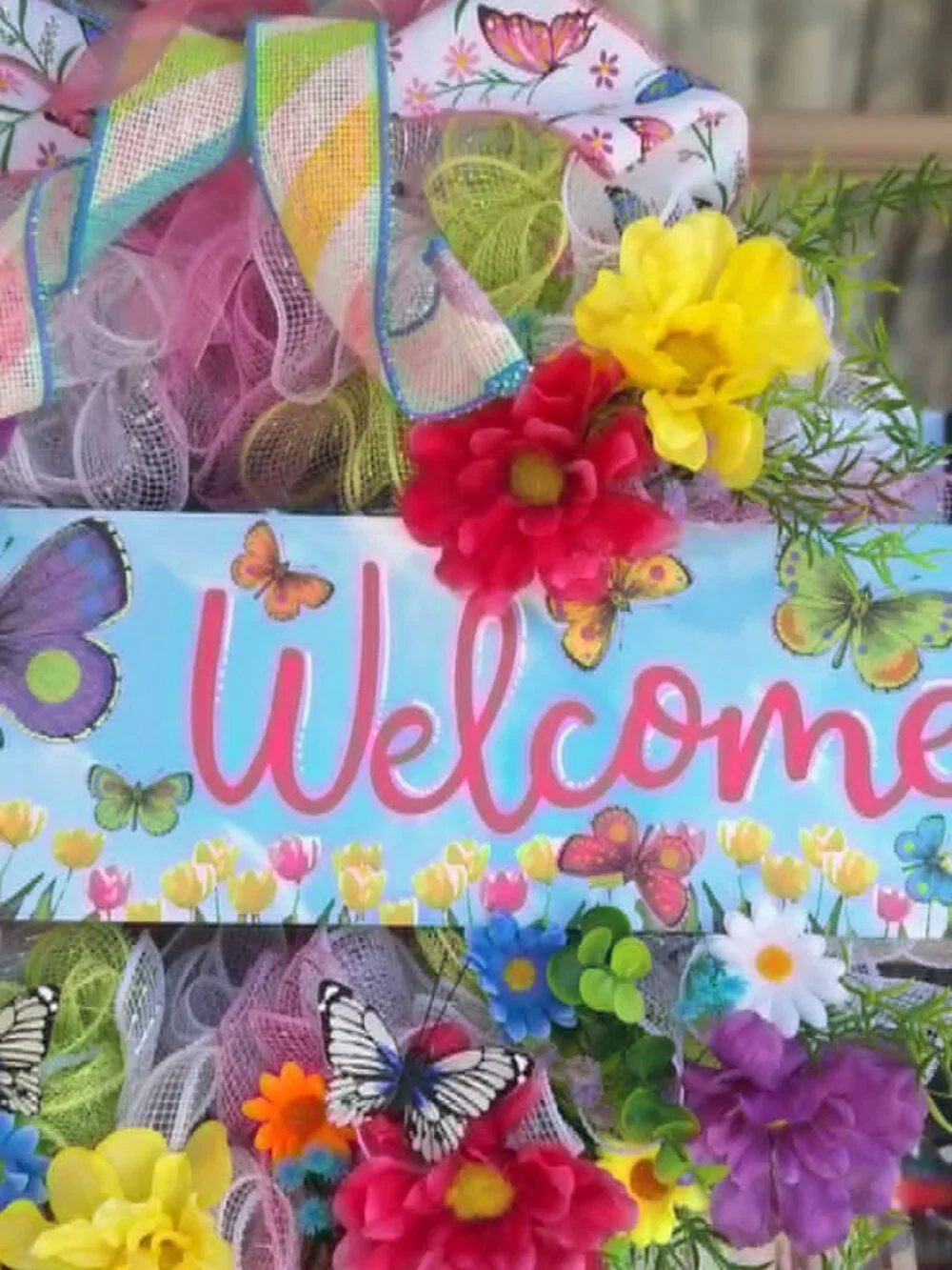 Handmade mesh ribbon floral wreath
